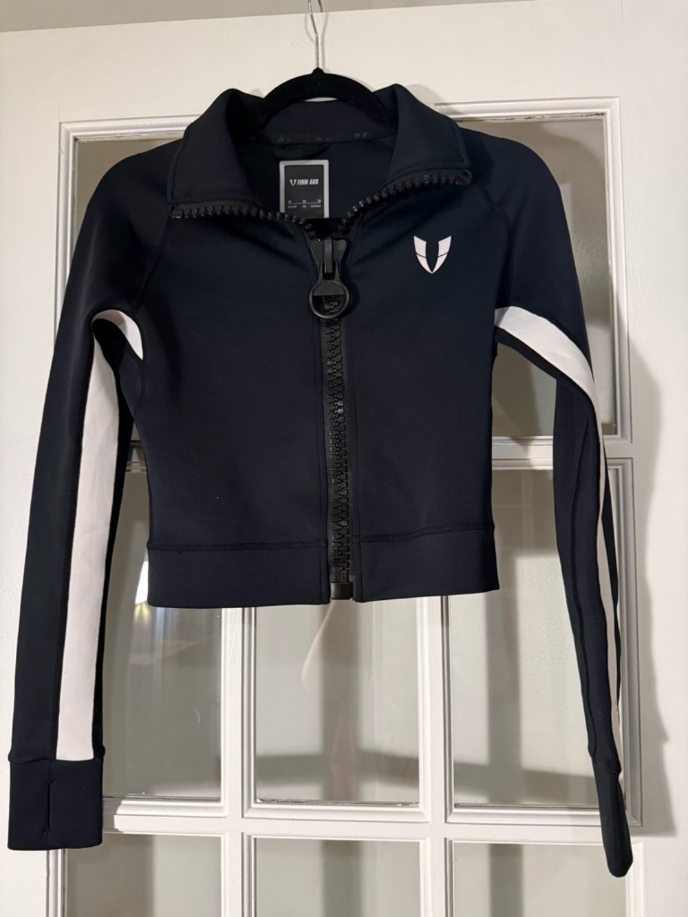 Firm Abs Vimmia Black Cropped Bomber Jacket with White Sleeve Panels